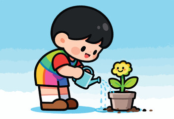 Naklejka premium A cartoon child waters a happy flower in a pot. The background is a sky with clouds