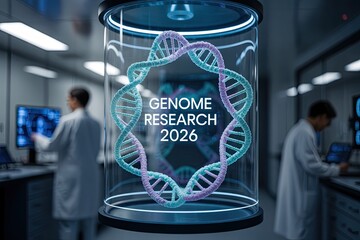 Genome Research 2026 futuristic DNA helix visualization in advanced biotech laboratory