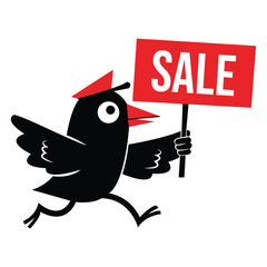 Running black bird character holding a red sign with the word sale for retail promotion