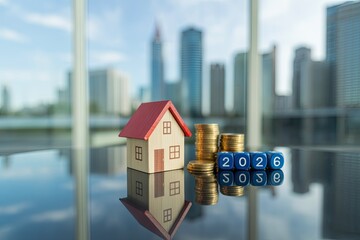 Real estate investment 2026 concept with miniature house and stacked coins in city skyline