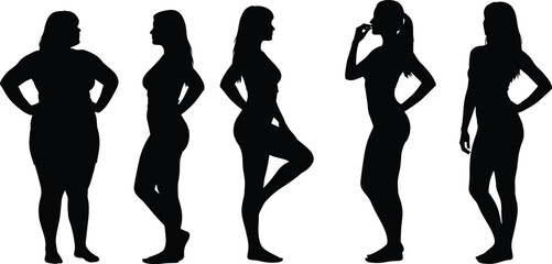 Collection of Diverse Female Body Silhouettes Vector Set, Different Body Shapes, Weight Loss, Fitness Journey, Health, Woman, Beauty, Comparison, and Healthy Lifestyle Concept.
