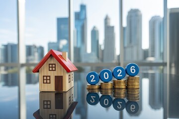 Housing market 2026 financial growth with house model and money stacks in modern city