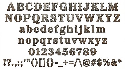 Obraz premium font alphabet in slab vintage style from a to z numbers punctuation isolated on white background