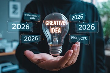 Digital innovation and project planning 2026 with futuristic creative lightbulb icon