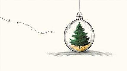 Minimalist single line drawing ornament with Christmas tree inside, isolated