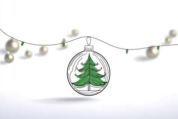 One-line drawing Christmas tree in ornament, green and black lines on white