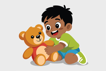 Obraz premium A smiling child in green shirt and blue shorts hugging a teddy bear, all on a light gray background