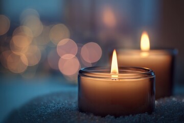 Softly lit candles glow with warm light on a textured surface, blurred festive lights
