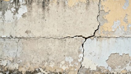 Obraz premium Weathered concrete surface displays severe structural cracking and peeling paint texture