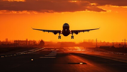 Fototapeta premium Jet plane ascends into a vibrant sunset over a runway