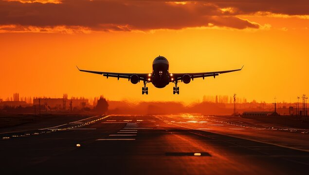 Jet plane ascends into a vibrant sunset over a runway