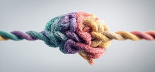 Twisted colorful rope intricately knotted into a brain shape