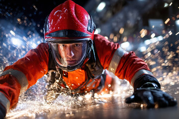 Firefighter Crawling Through Sparks at Night Rescue