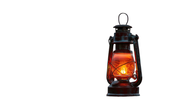 Antique vintage metal oil lamp isolated on a white background, suggesting old kerosene lantern light and decoration