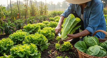 Farmer harvesting fresh lettuce in an organic vegetable garden