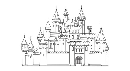Intricate line art depicts a grand, fairy tale castle with multiple towers and battlements.