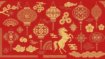 Chinese new year festive golden elements on red background with lanterns and plum blossoms.