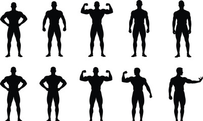 Collection of Muscular Bodybuilder Men Silhouettes Showing Different Poses, Representing Strength, Fitness, Health, Gym, Training, Power, Male Physique, and Exercise.