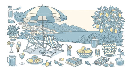 Mediterranean Seaside Vacation Vector Illustration: Umbrella, Lemons and Sea View
