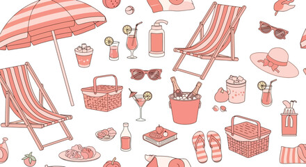 Seamless summer beach holiday pattern with essential summer elements. Vector illustration.