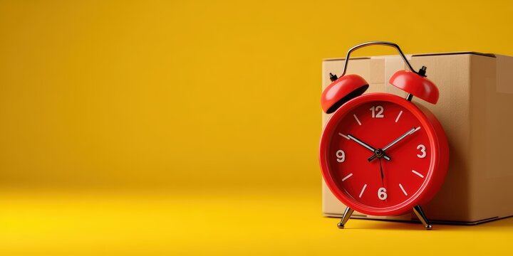 A red alarm clock stands before a cardboard box against a vibrant yellow background