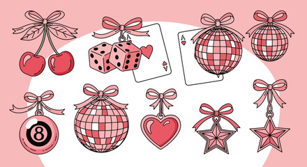 Lucky Charms Vector Illustration Set with Bow, Casino, cherries, and Disco Ball Illustrations