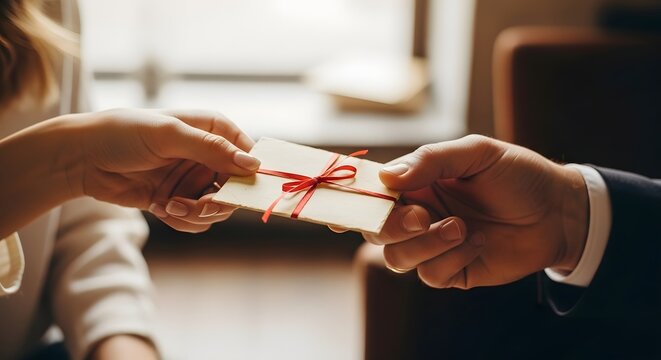 Close up of a gift card being handed over by two people