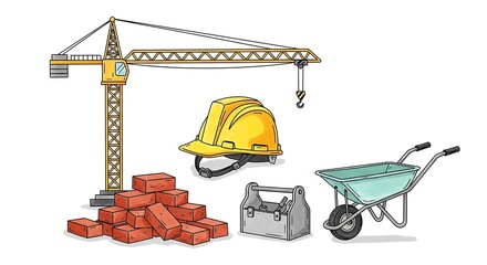 Construction site essentials illustration featuring a tower crane, safety hard hat, building bricks, a toolbox, and a wheelbarrow