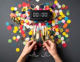 Festive champagne toast marking a new beginning at midnight surrounded by vibrant confetti joy
