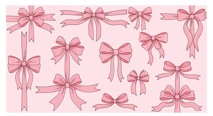 Collection of Decorative Pink Ribbon Bows Vector Illustration Set for Celebrations and Decoration