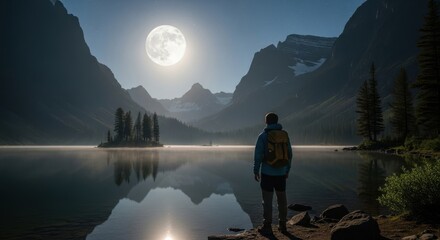 Backpacker watches full moon rise over a serene mountain lake