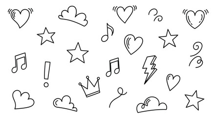 Doodle Vector Pack Featuring Stars, Hearts, Notes, Lightning Bolts, Clouds, Exclamation Point