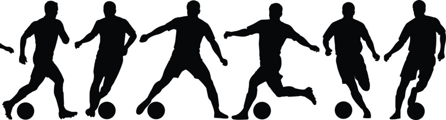Set of Six Male Soccer Players Silhouette Vector Graphic Dribbling and Controlling Football during Fast-Paced Game, Representing Athletic Skill, Sport, and Teamwork Concept