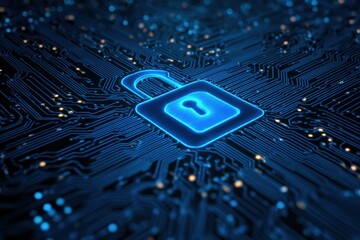 Glowing digital padlock superimposed on a circuit board