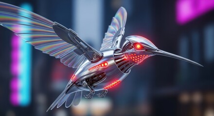 Fototapeta premium Futuristic Robotic Hummingbird with Glowing Red Lights in City