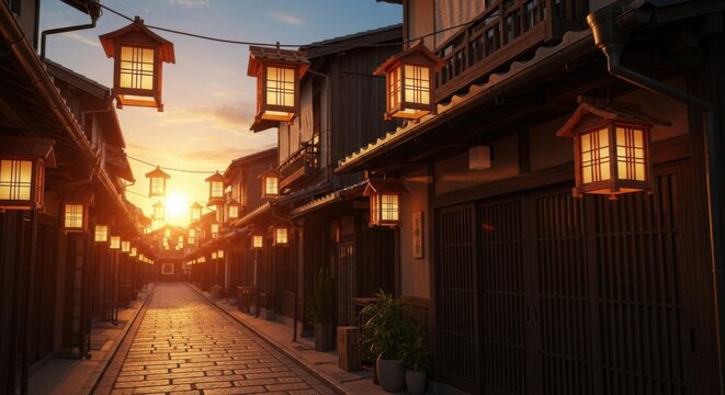 Traditional Japanese Street with Glowing Lanterns at Sunset - Powered by Adobe