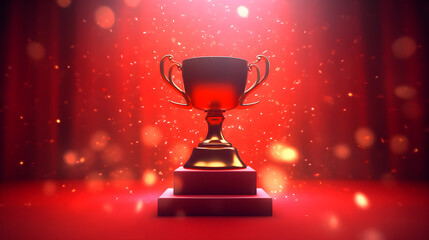 A golden trophy with a red base and a red carpet, surrounded by red lights and red confetti, on a red stage with a red curtain in the background.
