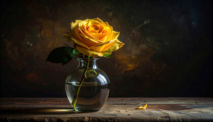 Single yellow rose in glass vase on dark dramatic background, elegant minimalist still life floral concept

