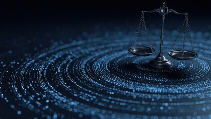 Digital justice scales balance data streams in abstract cosmic swirl