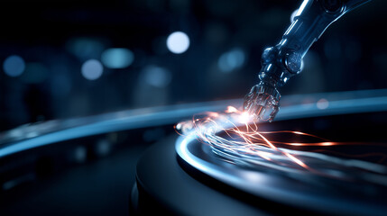 Artificial intelligence robotic equipment amidst light trail defocused technology background automated system visualization mechanical innovation scene futuristic display with