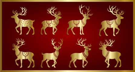 set of golden reindeer silhouettes, vector art, flat design, plain white design
