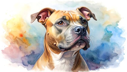 A watercolor painting of a tan and white dog, looking up slightly, set against a colorful, abstract background