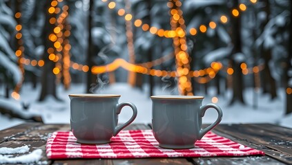 Two cups of coffee on a red and white blanket on a wooden table. Cozy outdoors concept.
