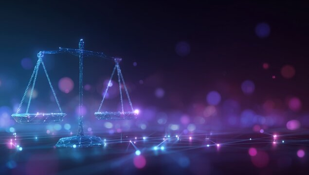 Digital scales of justice with glowing abstract network and bokeh background - Powered by Adobe