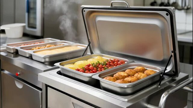 Cook in gloves arranges portion trays on a thermal delivery cart with visible steam, illustrating safe, organized meal preparation in a school or daycare kitchen