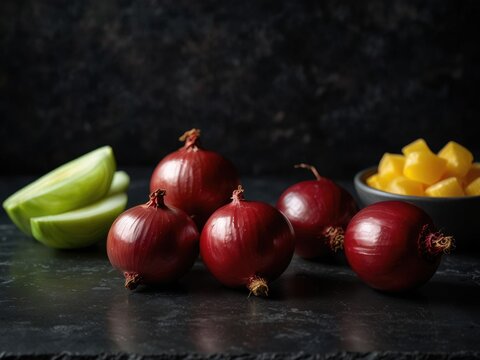 Fresh red onions with sliced green apple and diced yellow fruit on dark slate — rustic food ingredients and cooking concept with dramatic light. - Powered by Adobe