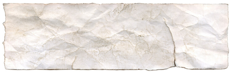 Old crumpled dirty torn paper strip with ripped edges isolated on transparent background for clipart.