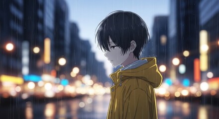 Melancholy anime character in rainy city street at night