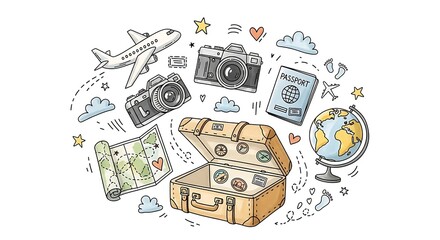 Hand drawn doodle illustration of travel essentials: airplane, cameras, passport, map, globe, and open suitcase, perfect for global adventure and journey planning projects.