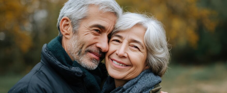 Elderly couple embraces and smiles together outside in a joyful moment.